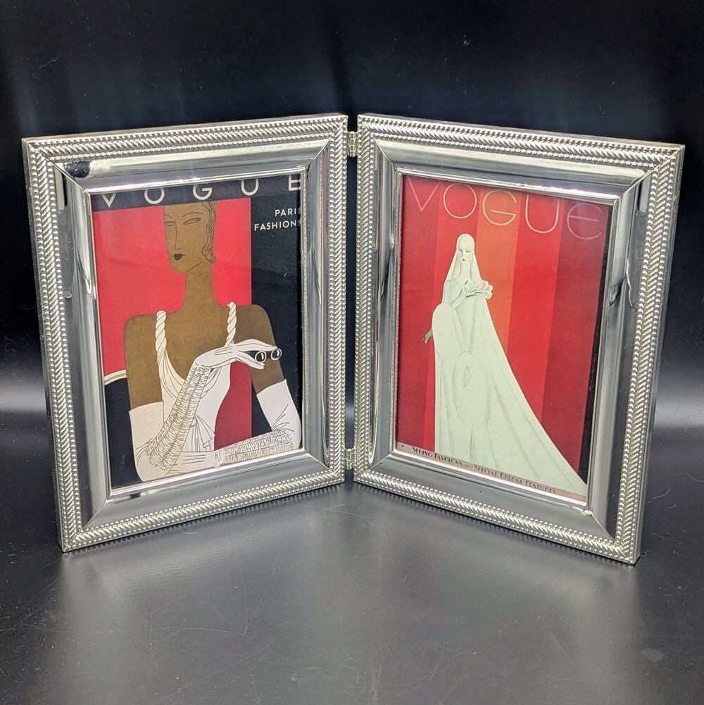 Vintage Hinged Double 5x7 Silver Tone Picture Frame Folding Tabletop